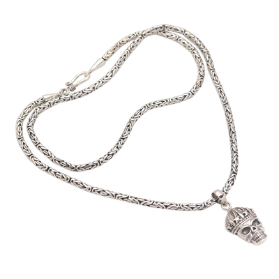 Sterling silver pendant necklace, 'King Skull' - Crowned Skull Sterling Silver Pendant Necklace