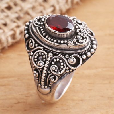 Garnet cocktail ring, 'Proud Tradition' - Sterling Silver and Faceted Garnet Cocktail Ring