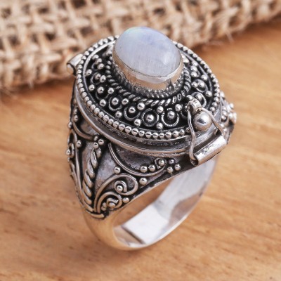 Rainbow moonstone locket ring, 'The Secret in White' - Rainbow Moonstone Locket Sterling Silver Cocktail Ring