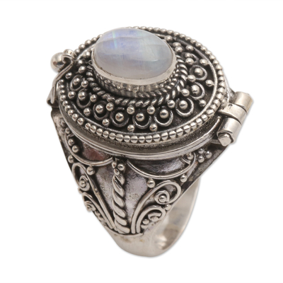 Rainbow moonstone locket ring, 'The Secret in White' - Rainbow Moonstone Locket Sterling Silver Cocktail Ring