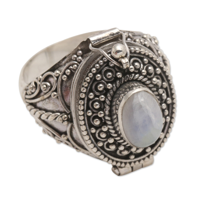 Rainbow moonstone locket ring, 'The Secret in White' - Rainbow Moonstone Locket Sterling Silver Cocktail Ring