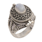 Rainbow moonstone locket ring, 'The Secret in White' - Rainbow Moonstone Locket Sterling Silver Cocktail Ring
