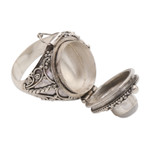 Rainbow moonstone locket ring, 'The Secret in White' - Rainbow Moonstone Locket Sterling Silver Cocktail Ring