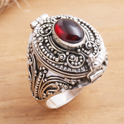 Garnet locket ring, 'The Secret in Red' - Garnet cabochon Locket Sterling Silver Cocktail Ring