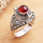 Carnelian locket ring, 'Secret Sunset' - Sterling Silver Locket Ring with Carnelian Cabochon