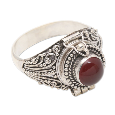 Carnelian locket ring, 'Secret Sunset' - Sterling Silver Locket Ring with Carnelian Cabochon