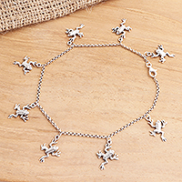 Sterling silver charm anklet, 'Frolicking Frogs' - Sterling Silver Frog Charm Ankle Bracelet