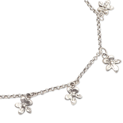Sterling silver charm anklet, 'Glimmering Flowers' - Sterling Silver Floral Charm Anklet from Bali