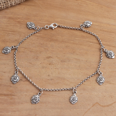 Sterling silver charm anklet, 'Floral Gleam' - Hand Made Sterling Silver Floral Charm Anklet