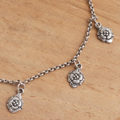Sterling silver charm anklet, 'Floral Gleam' - Hand Made Sterling Silver Floral Charm Anklet