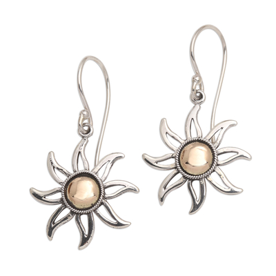 Gold-accented sterling silver dangle earrings, 'Celuk Sun' - Sunburst Sterling Silver Earrings with Gold Plated Accent