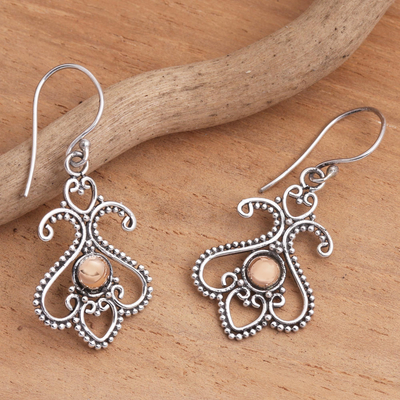 Gold-accented sterling silver dangle earrings, 'Tendrils at Dawn' - Balinese Motif Sterling Silver Gold Plate Dangle Earrings