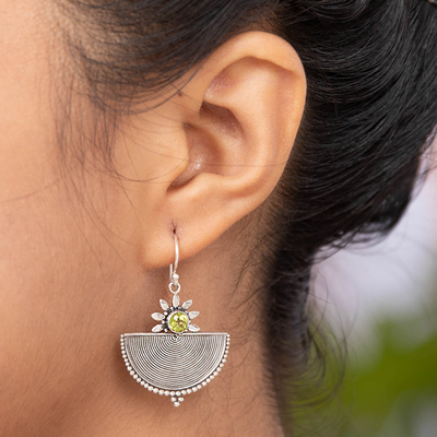Peridot dangle earrings, 'Here Comes the Sun' - Balinese Motif Faceted Peridot Dangle Earrings