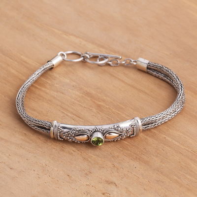 Gold-accented peridot pendant bracelet, 'Front to Back in Green' - Sterling Silver Naga Chain Bracelet with Peridot
