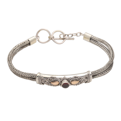 Gold-accented garnet pendant bracelet, 'Front to Back in Red' - Sterling Silver Naga Chain Bracelet with Garnet