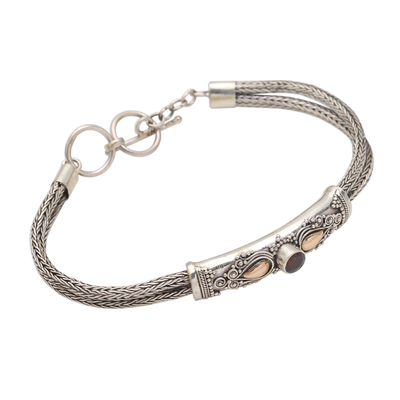 Gold-accented garnet pendant bracelet, 'Front to Back in Red' - Sterling Silver Naga Chain Bracelet with Garnet