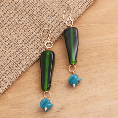 Pendientes colgantes con cuentas de cristal chapado en oro - Pendientes colgantes con cuentas de cristal verde y azul