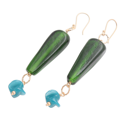 Gold plated glass beaded dangle earrings, 'Java Forest' - Green and Blue Glass Beaded Dangle Earrings