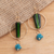 Gold plated glass beaded dangle earrings, 'Java Forest Trek' - Bottle Green and Blue Beaded Gold Plated Earrings