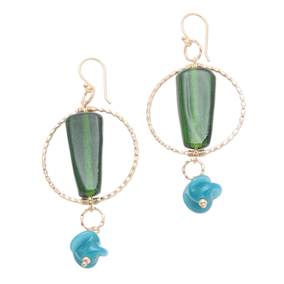 Gold plated glass beaded dangle earrings, 'Java Forest Trek' - Bottle Green and Blue Beaded Gold Plated Earrings