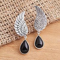 Onyx dangle earrings, 'On the Wings of Midnight' - Onyx Sterling Silver Dangle Earrings Wings