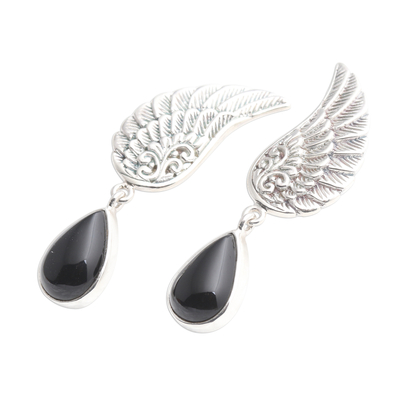 Onyx dangle earrings, 'On the Wings of Midnight' - Onyx Sterling Silver Dangle Earrings Wings