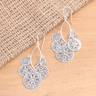 Sterling silver dangle earrings, 'Circle of Progression' - Sterling Silver Dangle Earrings Flowers and Circles