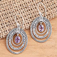 Amethyst dangle earrings, 'Inner Circles in Purple' - Concentric Circle Amethyst Earrings Balinese Motif