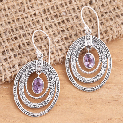 Amethyst dangle earrings, 'Inner Circles in Purple' - Concentric Circle Amethyst Earrings Balinese Motif