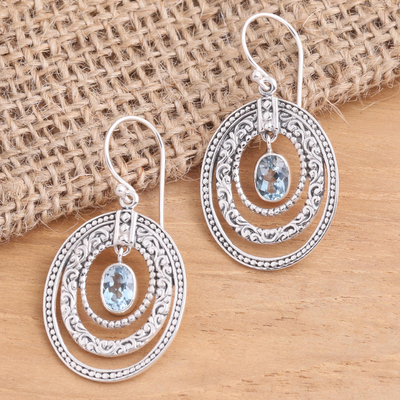 Blue topaz dangle earrings, 'Inner Circles in Blue' - Concentric Circle Blue Topaz Earrings Balinese Motif