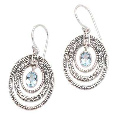Blue topaz dangle earrings, 'Inner Circles in Blue' - Concentric Circle Blue Topaz Earrings Balinese Motif