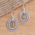 Peridot dangle earrings, 'Inner Circles in Green' - Concentric Circle Peridot Earrings Balinese Motif
