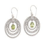 Peridot dangle earrings, 'Inner Circles in Green' - Concentric Circle Peridot Earrings Balinese Motif