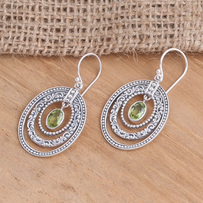 Peridot dangle earrings, 'Inner Circles in Green' - Concentric Circle Peridot Earrings Balinese Motif