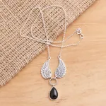 Onyx pendant necklace, 'Fanciful Flight' - Black Onyx and Sterling Silver Wings Pendant Necklace