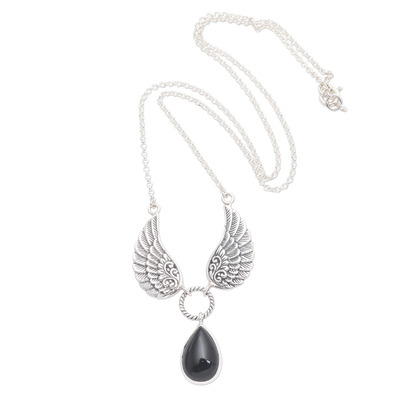 Onyx pendant necklace, 'Fanciful Flight' - Black Onyx and Sterling Silver Wings Pendant Necklace