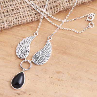 Onyx pendant necklace, 'Fanciful Flight' - Black Onyx and Sterling Silver Wings Pendant Necklace