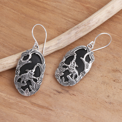 Sterling silver and lava stone dangle earrings, 'Elephant Habitat' - Sterling Silver and Lava Stone Elephant Dangle Earrings