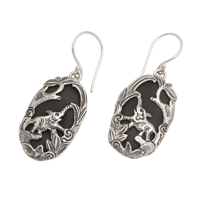 Sterling silver and lava stone dangle earrings, 'Elephant Habitat' - Sterling Silver and Lava Stone Elephant Dangle Earrings