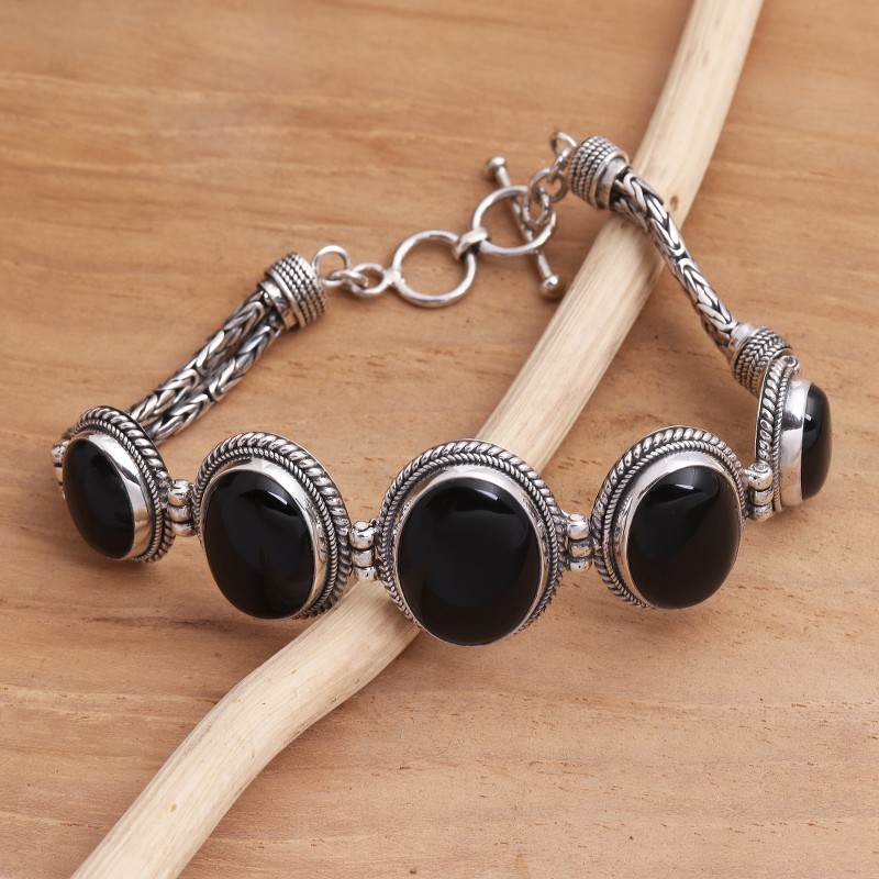 Black Onyx and Silver Toggle Clasp Bracelet - Five Panels | NOVICA