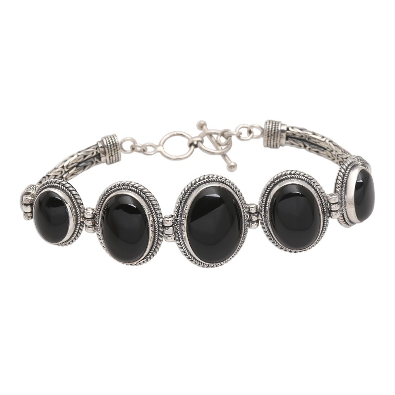 Black Onyx and Silver Toggle Clasp Bracelet - Five Panels | NOVICA