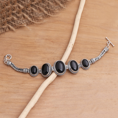 Onyx pendant bracelet, 'Five Panels' - Black Onyx and Silver Toggle Clasp Bracelet