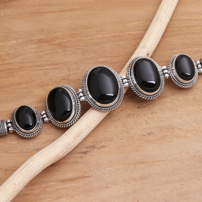 Armband mit Onyx-Anhänger - Armband mit Knebelverschluss aus schwarzem Onyx und Silber