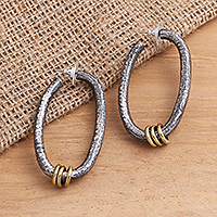 Sterling silver half-hoop earrings, 'Brass Ring' - Sterling Silver Half Hoop Earrings with Brass Ring Detail