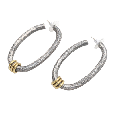 Sterling silver half-hoop earrings, 'Brass Ring' - Sterling Silver Half Hoop Earrings with Brass Ring Detail
