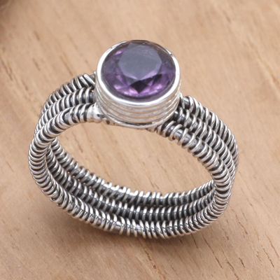 Amethyst single stone ring, 'Wrapped Up in Violet' - Wire Wrapped Sterling Silver Amethyst Ring