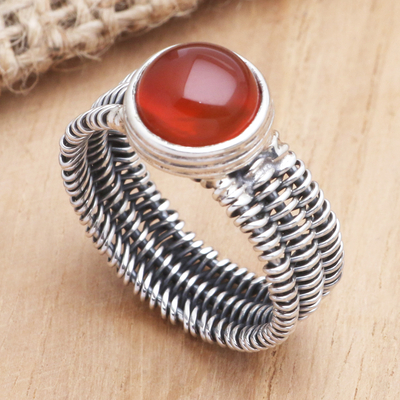 Carnelian single stone ring, 'Wrapped Up in Fire' - Wire Wrapped Sterling Silver Carnelian Ring