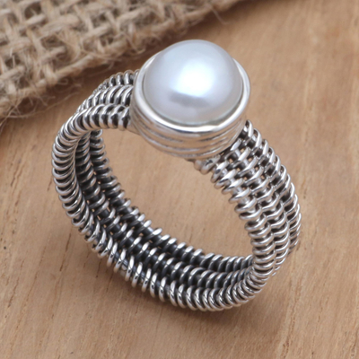 Sterling silver cultured pearl single stone ring, 'Cosmic Moon' - Hand Made Sterling Silver Cultured Pearl Single Stone Ring