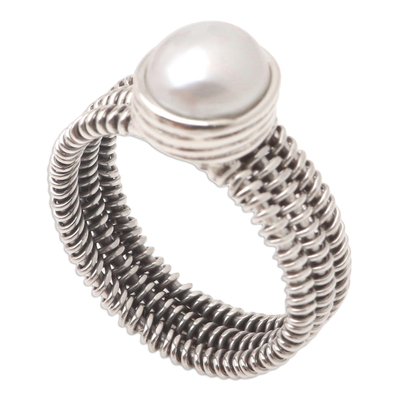 Sterling silver cultured pearl single stone ring, 'Cosmic Moon' - Hand Made Sterling Silver Cultured Pearl Single Stone Ring