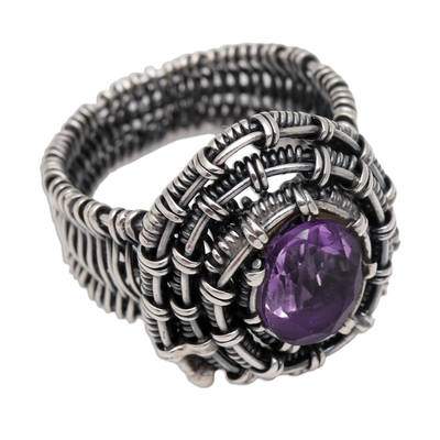 Amethyst cocktail ring, 'Guarded Wire in Purple' - Handmade Amethyst Sterling Silver Cocktail Ring